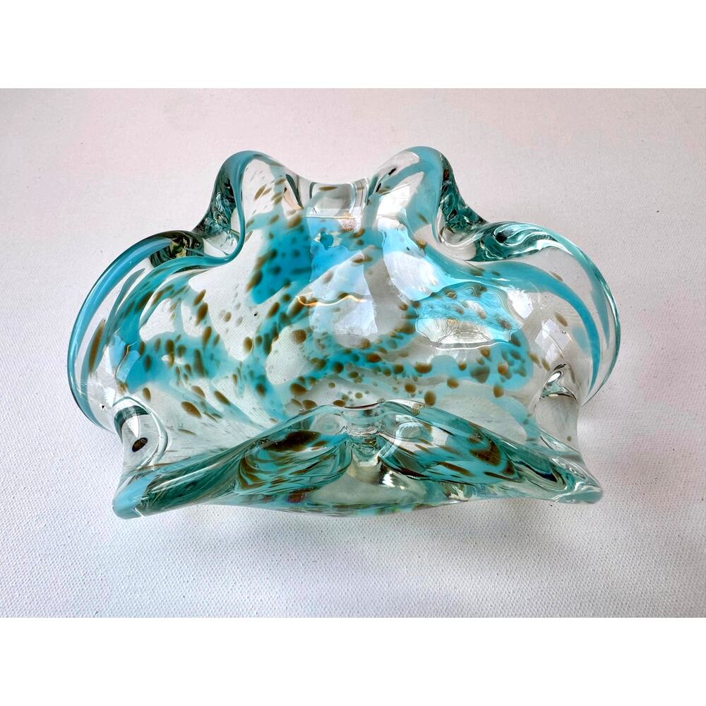 Murano Style Hand Blown Art Glass Bowl Aqua Turquoise Aventurine Flecks 7”